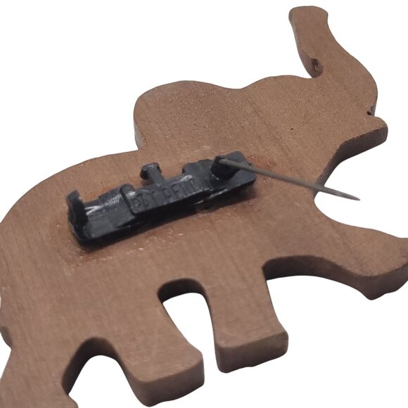 Vtg Hand-Carved Wooden Elephant Pin Brooch With Painted Details Lucky Trunk Up - Picture 9 of 9